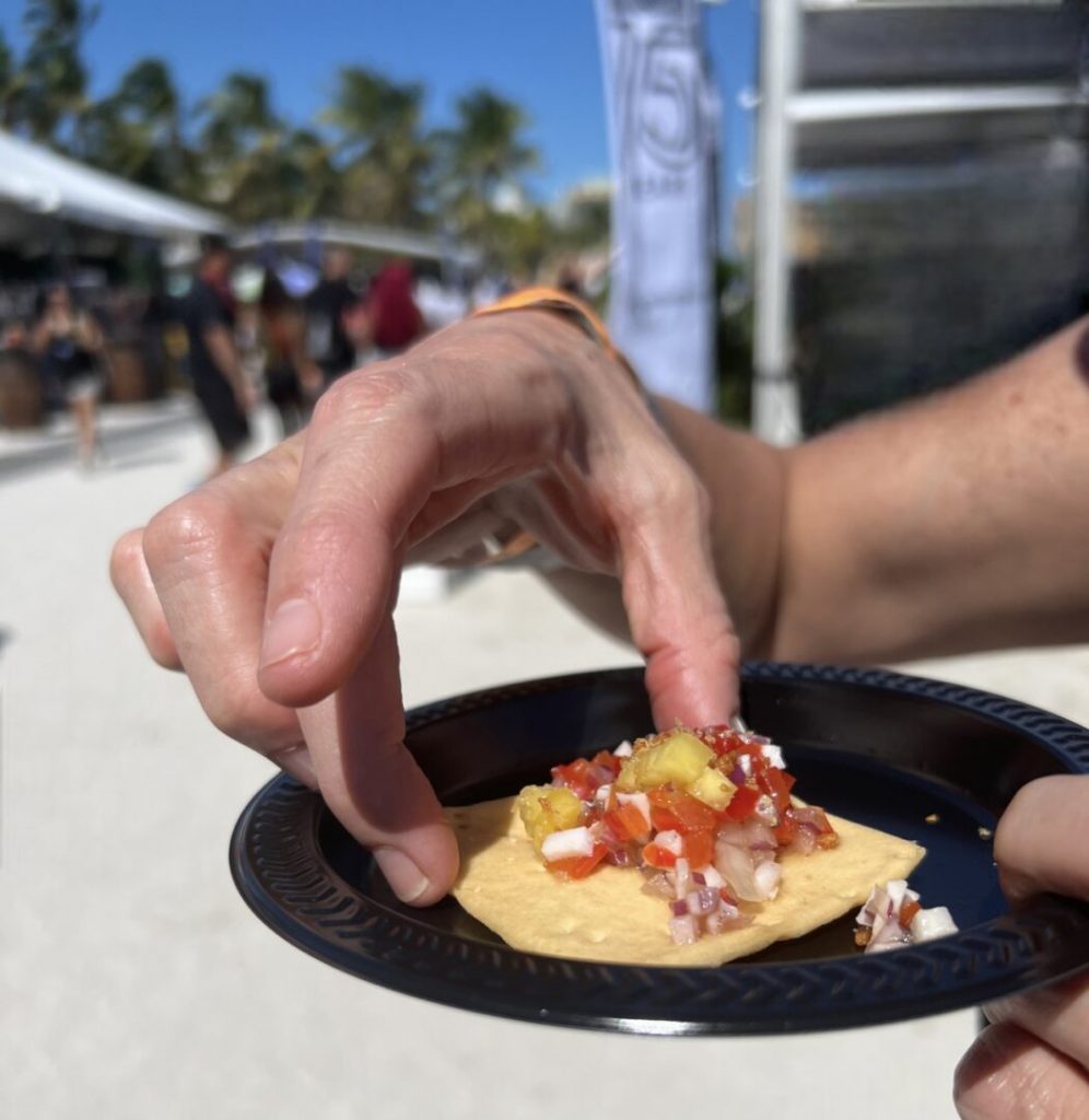 salsa on a piece of tortilla on a plate